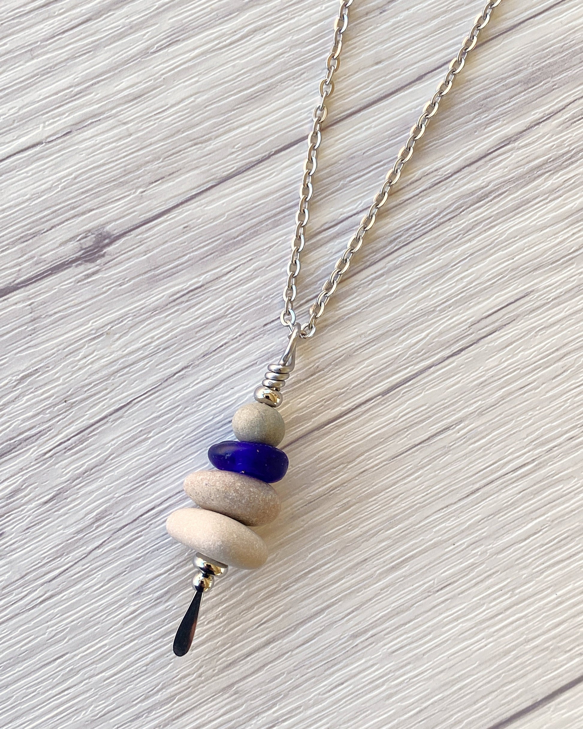 4 Stone Rustic Glass & Beige Stone Large Cairn Necklace - Stainless Steel Beach Stone Necklace - Cairn Pendant - Stacked Rock Necklace