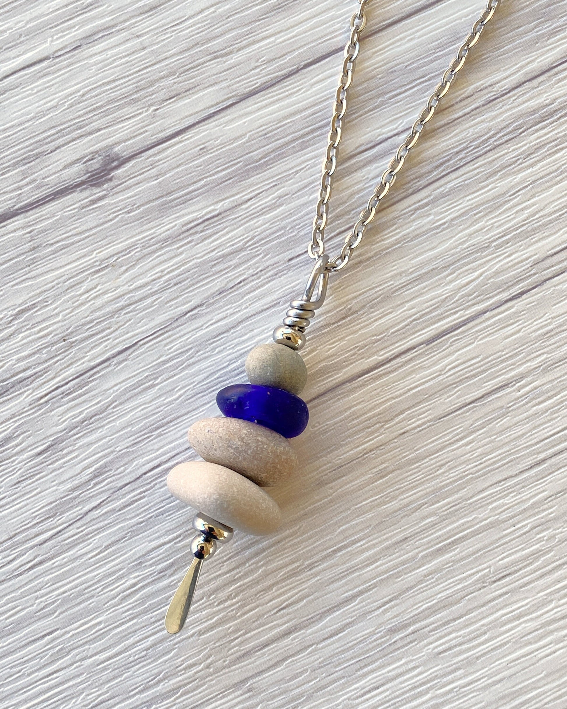 4 Stone Rustic Glass & Beige Stone Large Cairn Necklace - Stainless Steel Beach Stone Necklace - Cairn Pendant - Stacked Rock Necklace