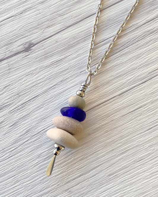 4 Stone Rustic Glass & Beige Stone Large Cairn Necklace - Stainless Steel Beach Stone Necklace - Cairn Pendant - Stacked Rock Necklace