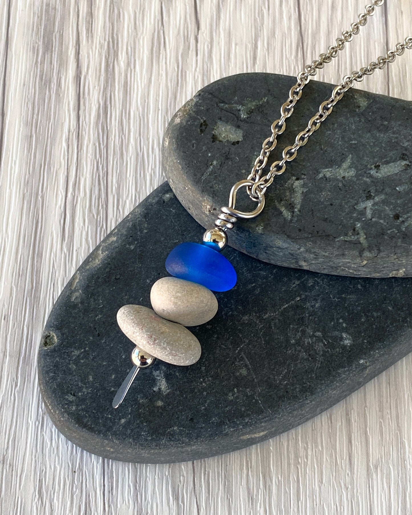 3 Stone Blue Glass & Beige Stone Large Cairn Necklace - Stainless Steel Beach Stone Necklace - Cairn Pendant - Stacked Rock Necklace