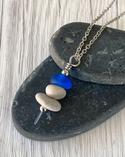3 Stone Blue Glass & Beige Stone Large Cairn Necklace - Stainless Steel Beach Stone Necklace - Cairn Pendant - Stacked Rock Necklace