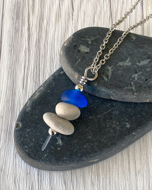 3 Stone Blue Glass & Beige Stone Large Cairn Necklace - Stainless Steel Beach Stone Necklace - Cairn Pendant - Stacked Rock Necklace