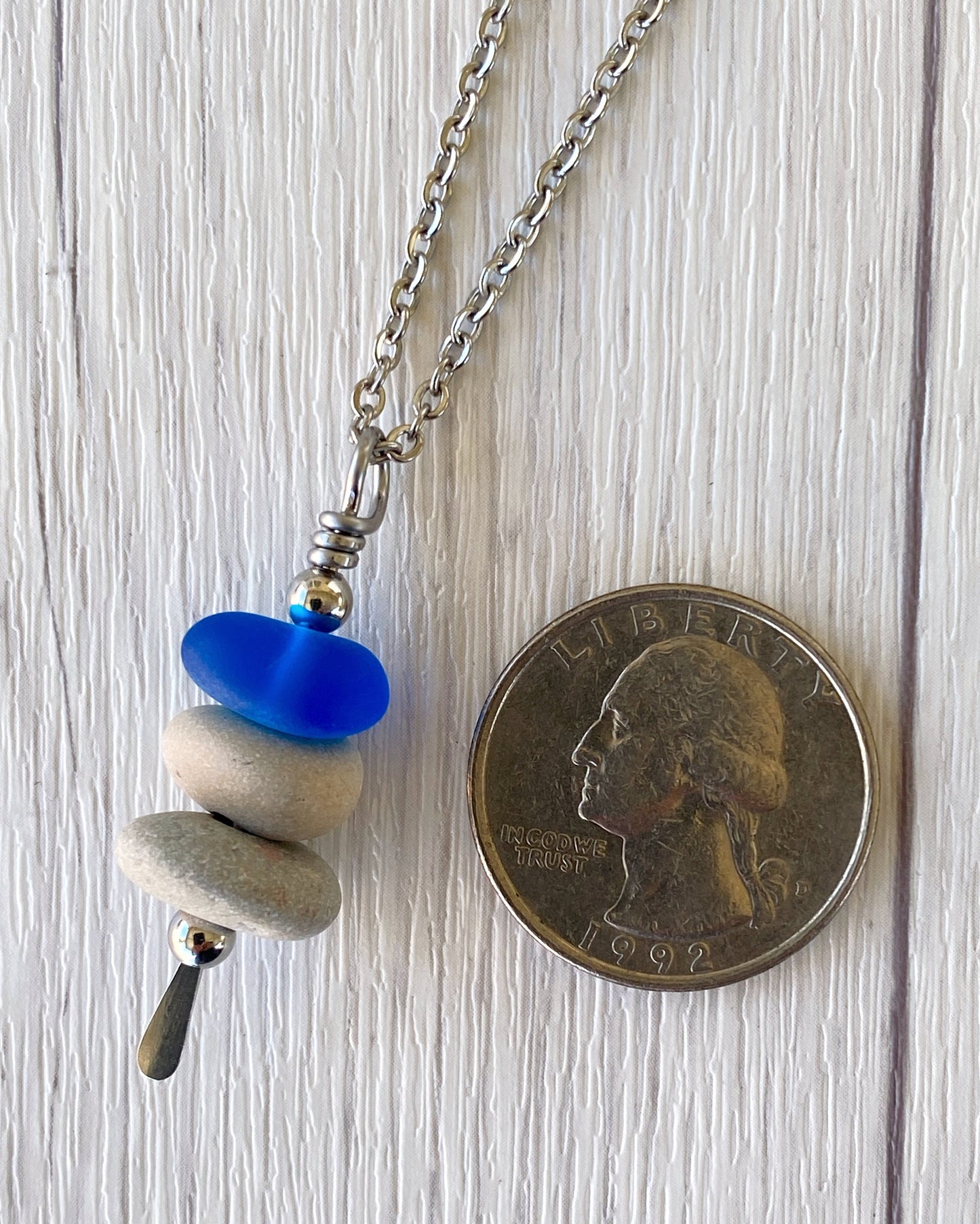 3 Stone Blue Glass & Beige Stone Large Cairn Necklace - Stainless Steel Beach Stone Necklace - Cairn Pendant - Stacked Rock Necklace