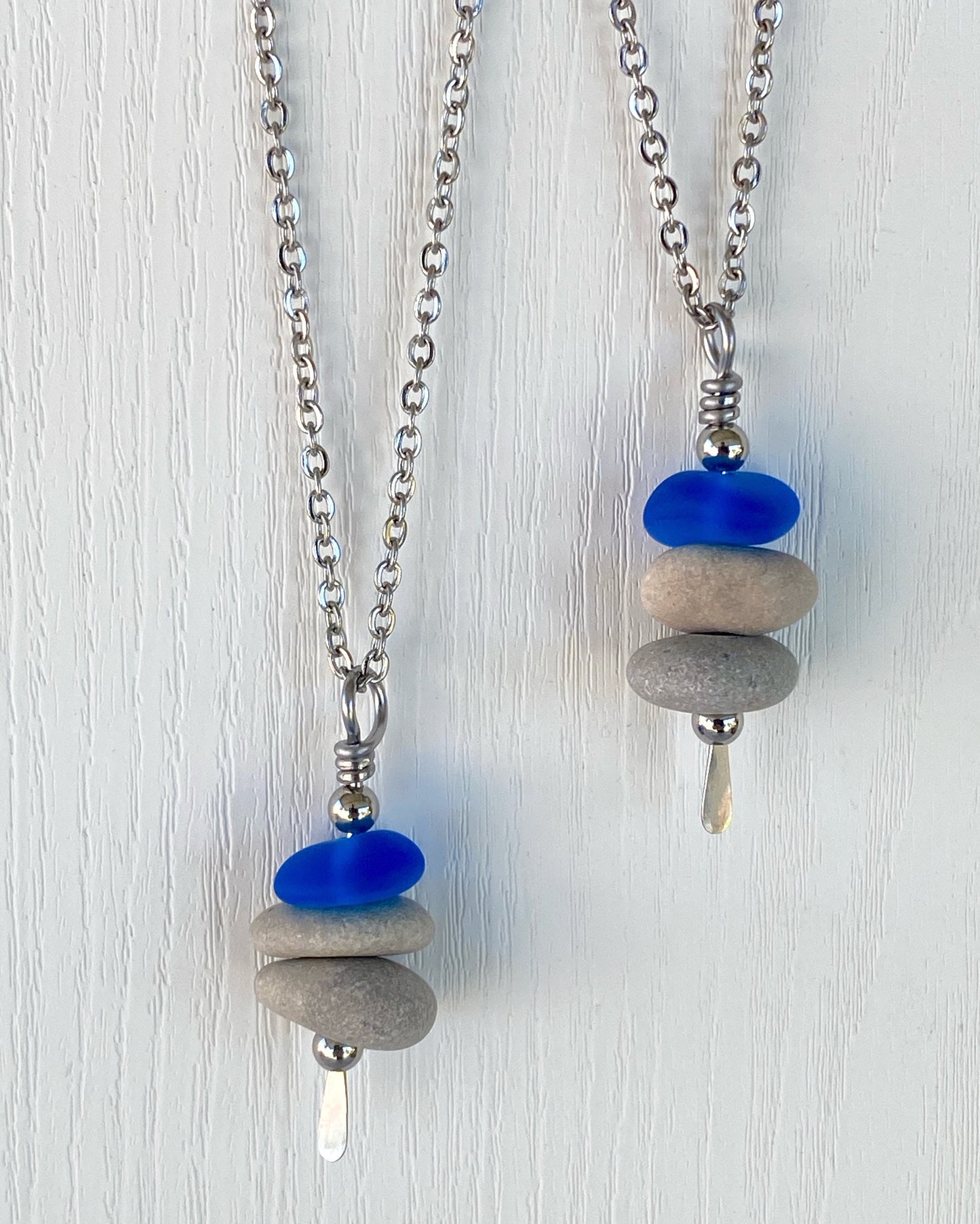 3 Stone Blue Glass & Beige Stone Large Cairn Necklace - Stainless Steel Beach Stone Necklace - Cairn Pendant - Stacked Rock Necklace