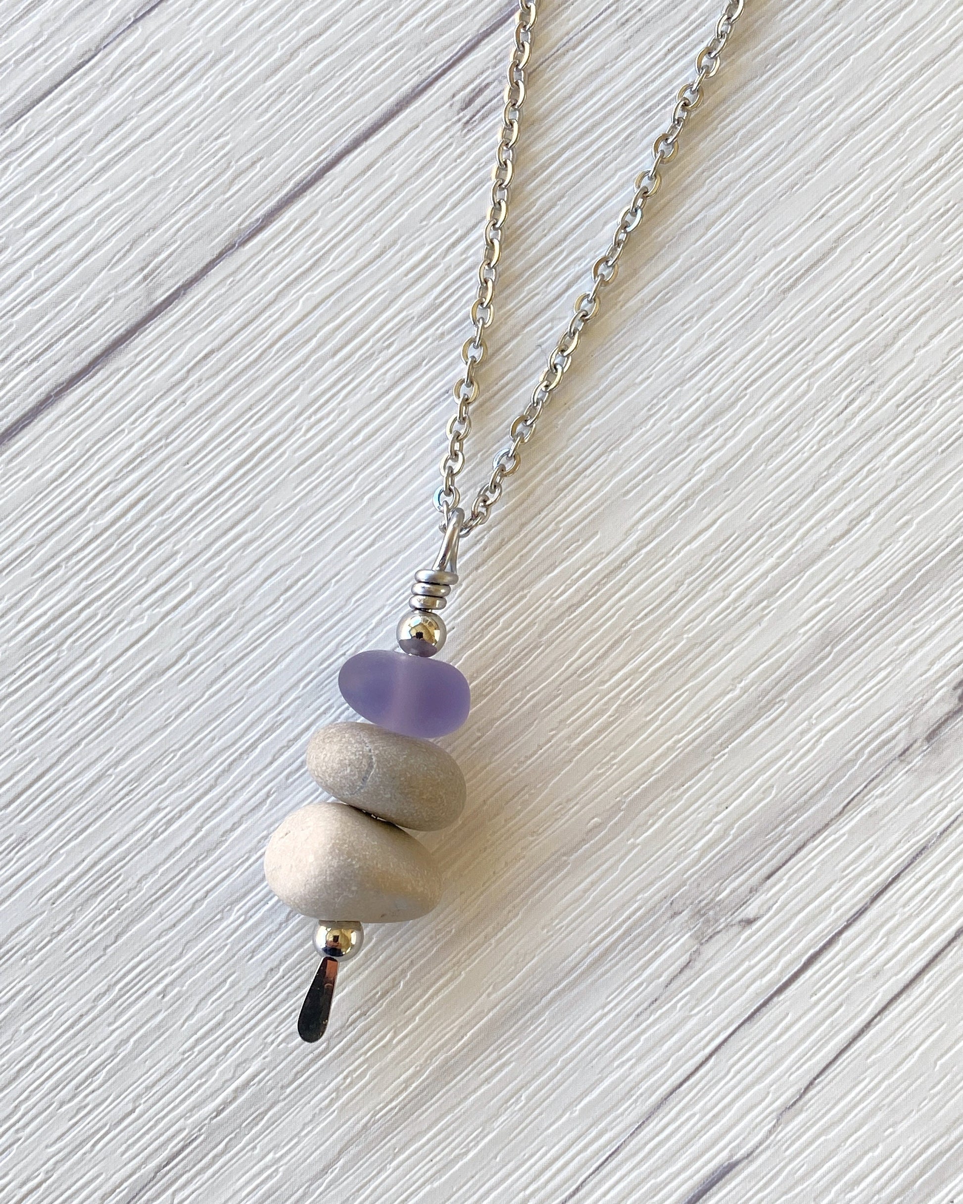 3 Stone Lavender Glass & Beige Stone Large Cairn Necklace - Stainless Steel Beach Stone Necklace - Cairn Pendant - Stacked Rock Necklace