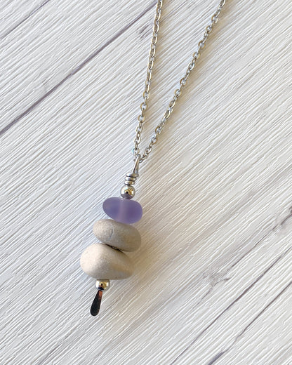 3 Stone Lavender Glass & Beige Stone Large Cairn Necklace - Stainless Steel Beach Stone Necklace - Cairn Pendant - Stacked Rock Necklace