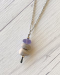 3 Stone Lavender Glass & Beige Stone Large Cairn Necklace - Stainless Steel Beach Stone Necklace - Cairn Pendant - Stacked Rock Necklace