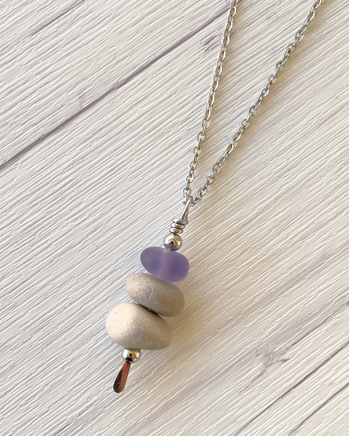 3 Stone Lavender Glass & Beige Stone Large Cairn Necklace - Stainless Steel Beach Stone Necklace - Cairn Pendant - Stacked Rock Necklace