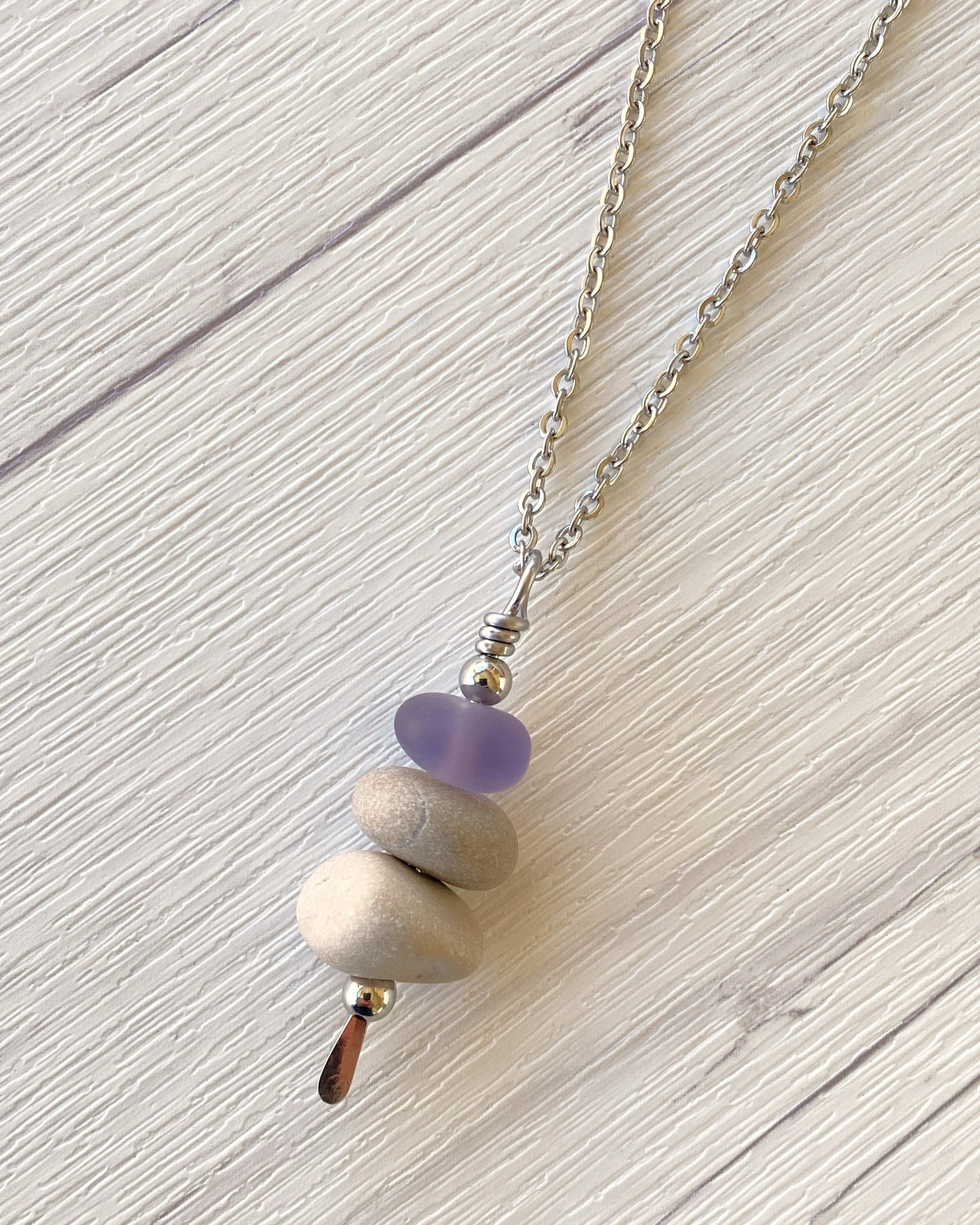 3 Stone Lavender Glass & Beige Stone Large Cairn Necklace - Stainless Steel Beach Stone Necklace - Cairn Pendant - Stacked Rock Necklace