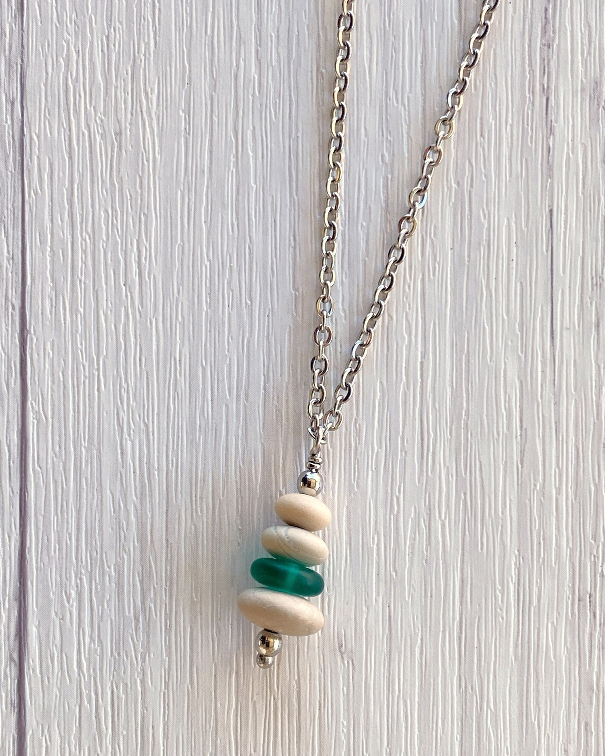4 Stone Beige & Green Flat Pebble Cairn Necklace - Green Glass Pebble Necklace - Stainless Steel Beach Stone Necklace -Stacked Rock Necklace