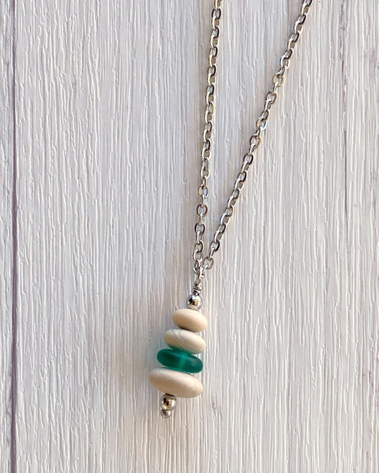 4 Stone Beige & Green Flat Pebble Cairn Necklace - Green Glass Pebble Necklace - Stainless Steel Beach Stone Necklace -Stacked Rock Necklace