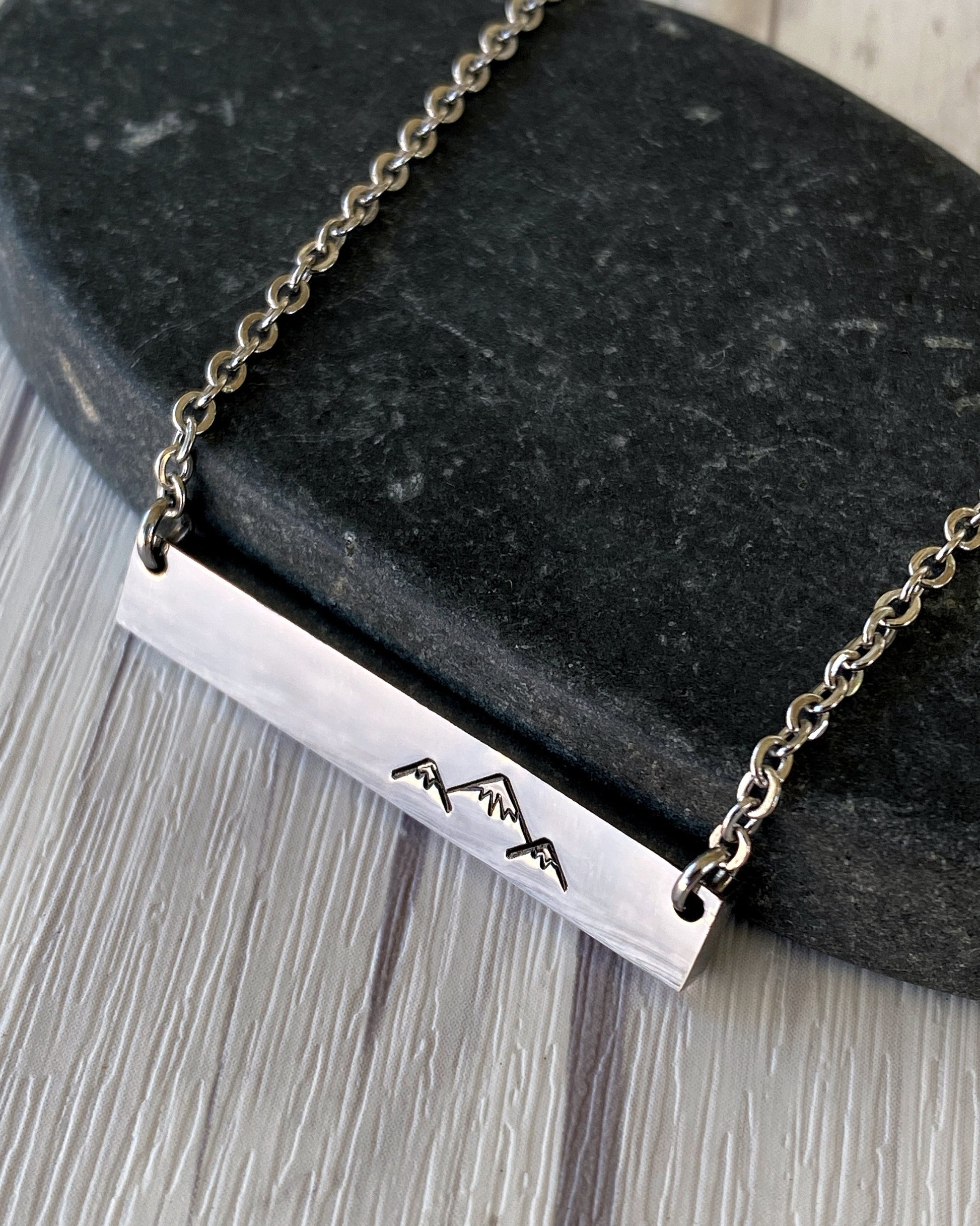 Simple Mountains Bar Necklace - Minimalist Mountain Necklace - Stainless Steel Stamped Peaks Bar Necklace - 3 Peaks Necklace