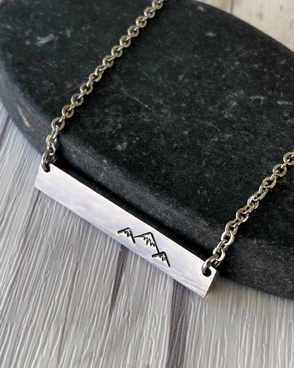 Simple Mountains Bar Necklace - Minimalist Mountain Necklace - Stainless Steel Stamped Peaks Bar Necklace - 3 Peaks Necklace