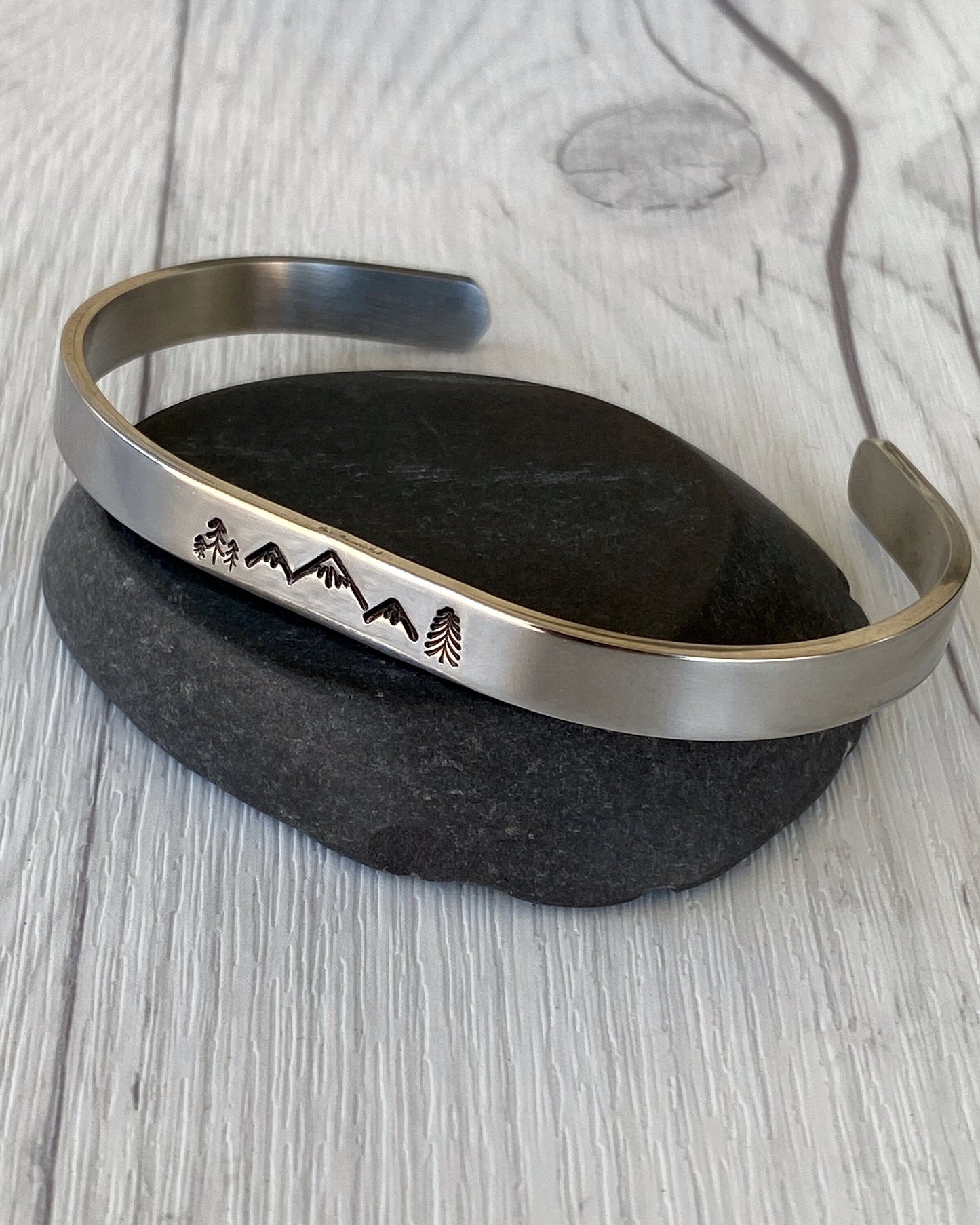 Mountain & Pines Stainless Steel Cuff Bracelet - Mountain Bangle Bracelet - Mountain Silver Bracelet - 3 Peaks Bracelet - Hiker Camper Gift