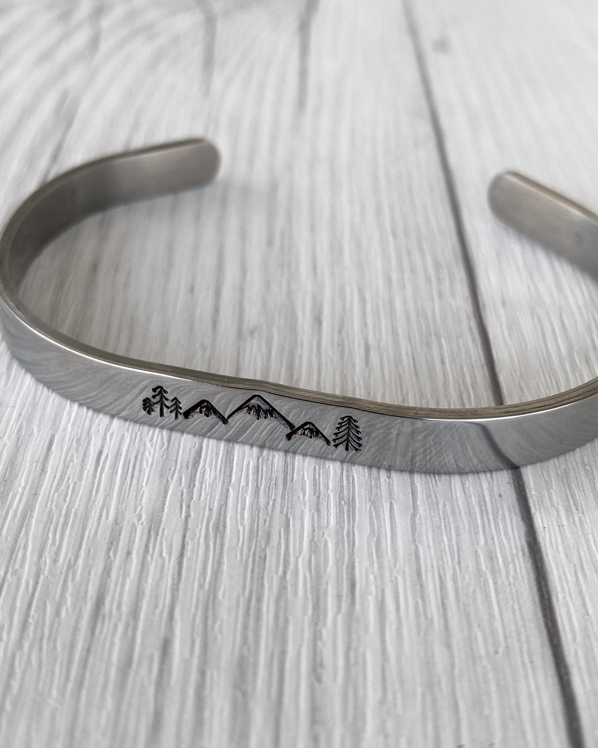 Mountain & Pines Stainless Steel Cuff Bracelet - Mountain Bangle Bracelet - Mountain Silver Bracelet - 3 Peaks Bracelet - Hiker Camper Gift