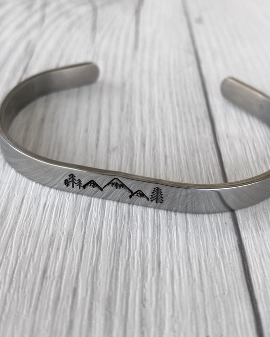 Mountain & Pines Stainless Steel Cuff Bracelet - Mountain Bangle Bracelet - Mountain Silver Bracelet - 3 Peaks Bracelet - Hiker Camper Gift