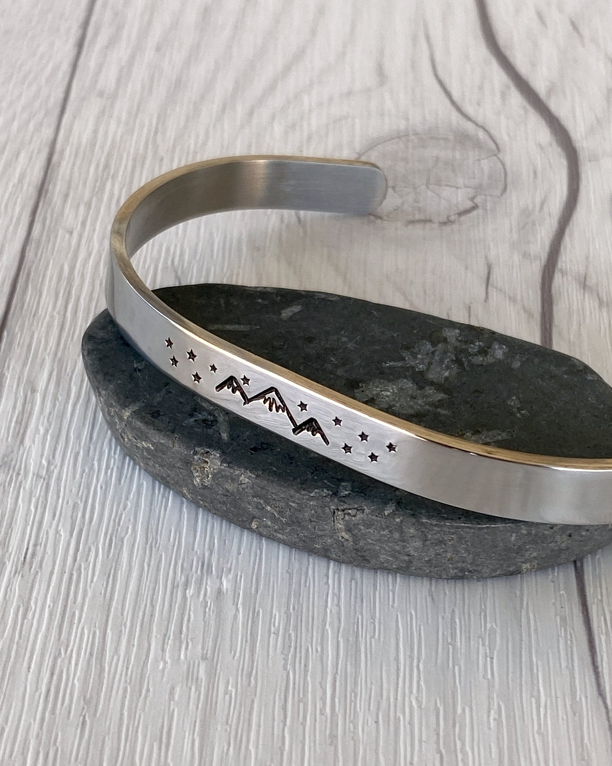 Mountains & Stars Stainless Steel Cuff Bracelet - Mountain Night Bracelet - Mountain Silver Bracelet - 3 Peaks Bracelet - Hiker Camper Gift