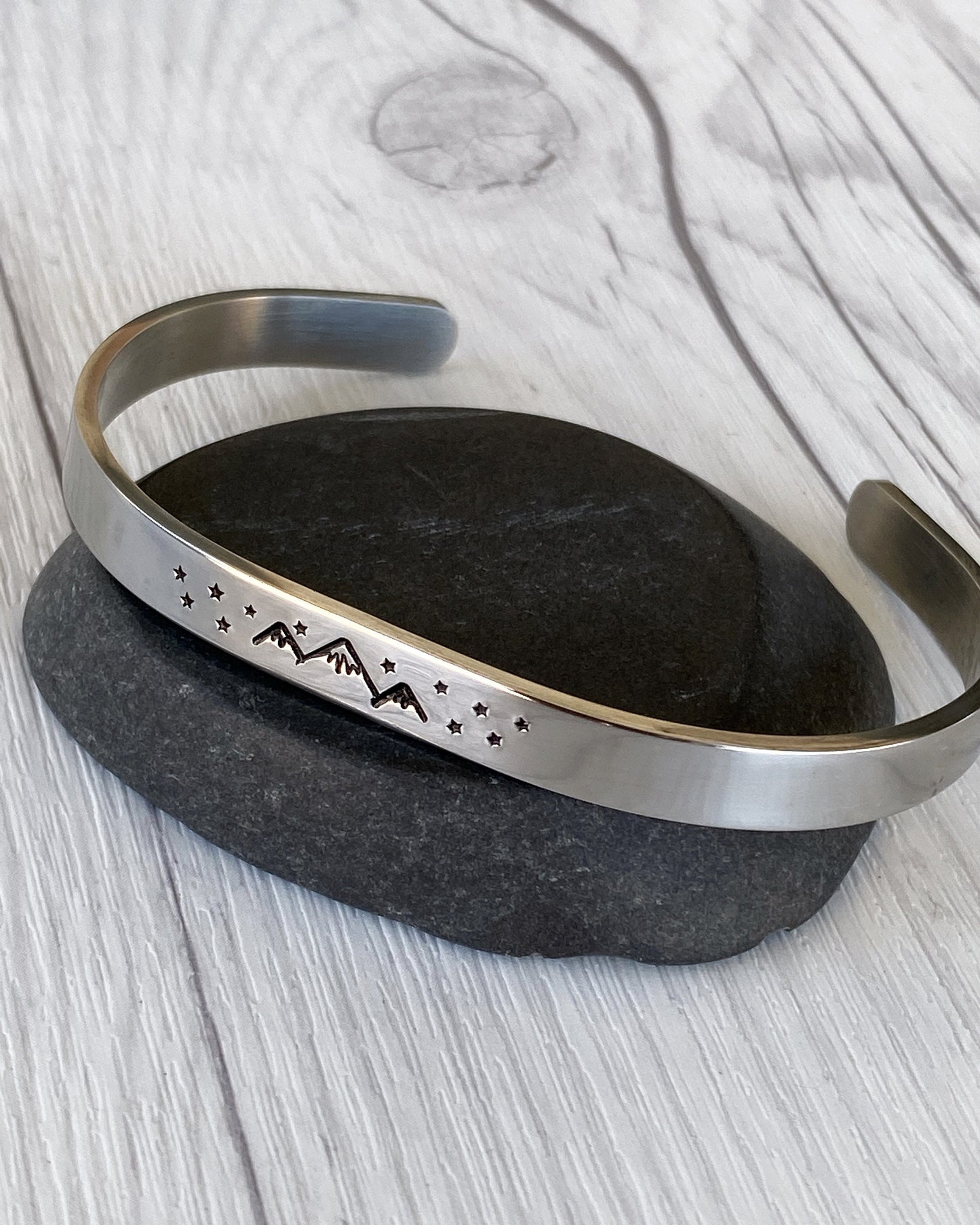 Mountains & Stars Stainless Steel Cuff Bracelet - Mountain Night Bracelet - Mountain Silver Bracelet - 3 Peaks Bracelet - Hiker Camper Gift