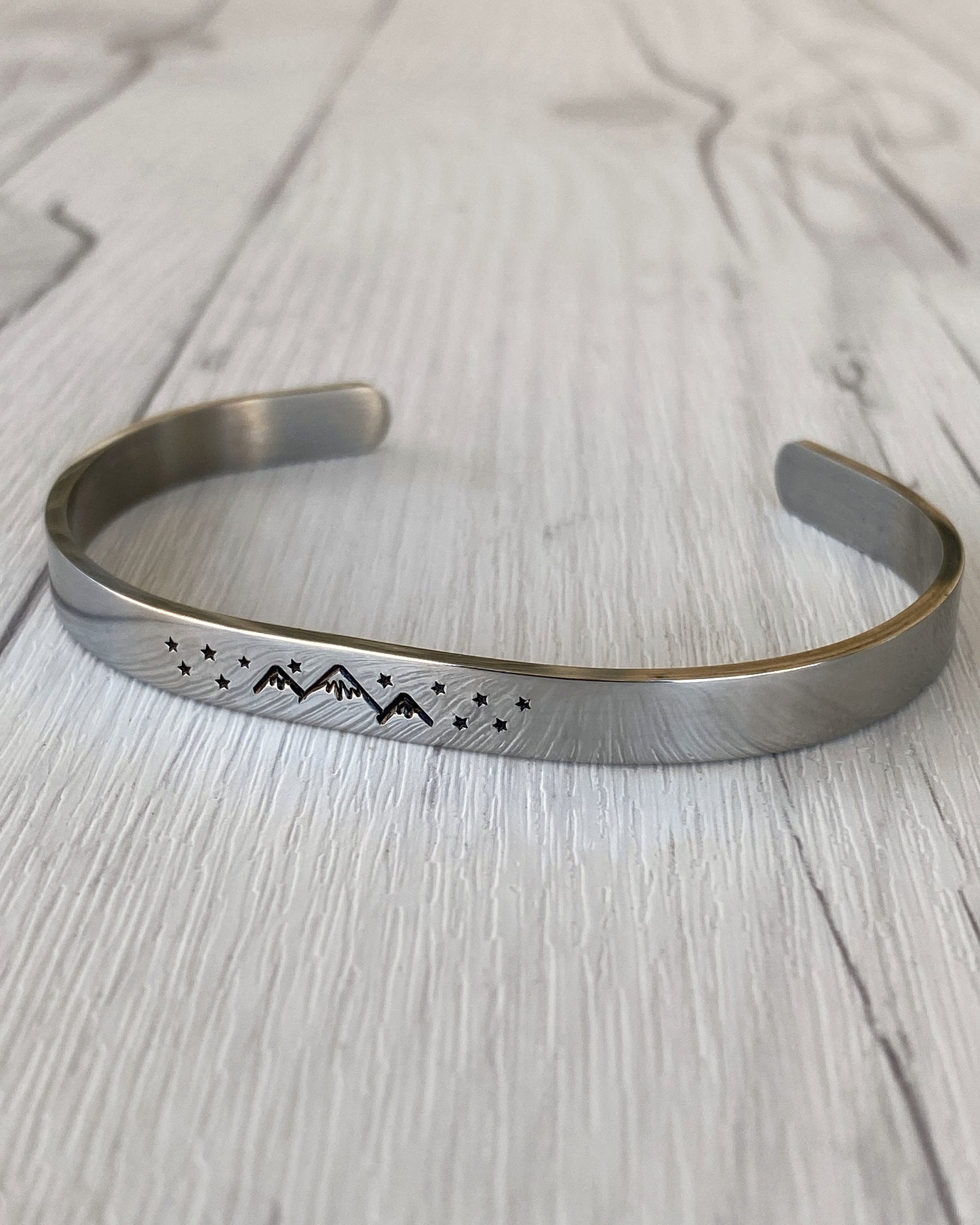 Mountains & Stars Stainless Steel Cuff Bracelet - Mountain Night Bracelet - Mountain Silver Bracelet - 3 Peaks Bracelet - Hiker Camper Gift