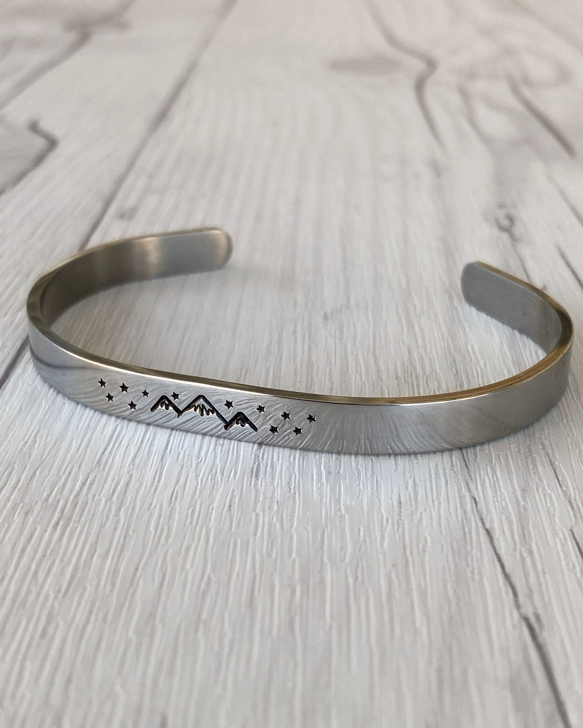 Mountains & Stars Stainless Steel Cuff Bracelet - Mountain Night Bracelet - Mountain Silver Bracelet - 3 Peaks Bracelet - Hiker Camper Gift