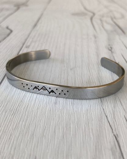 Mountains & Stars Stainless Steel Cuff Bracelet - Mountain Night Bracelet - Mountain Silver Bracelet - 3 Peaks Bracelet - Hiker Camper Gift