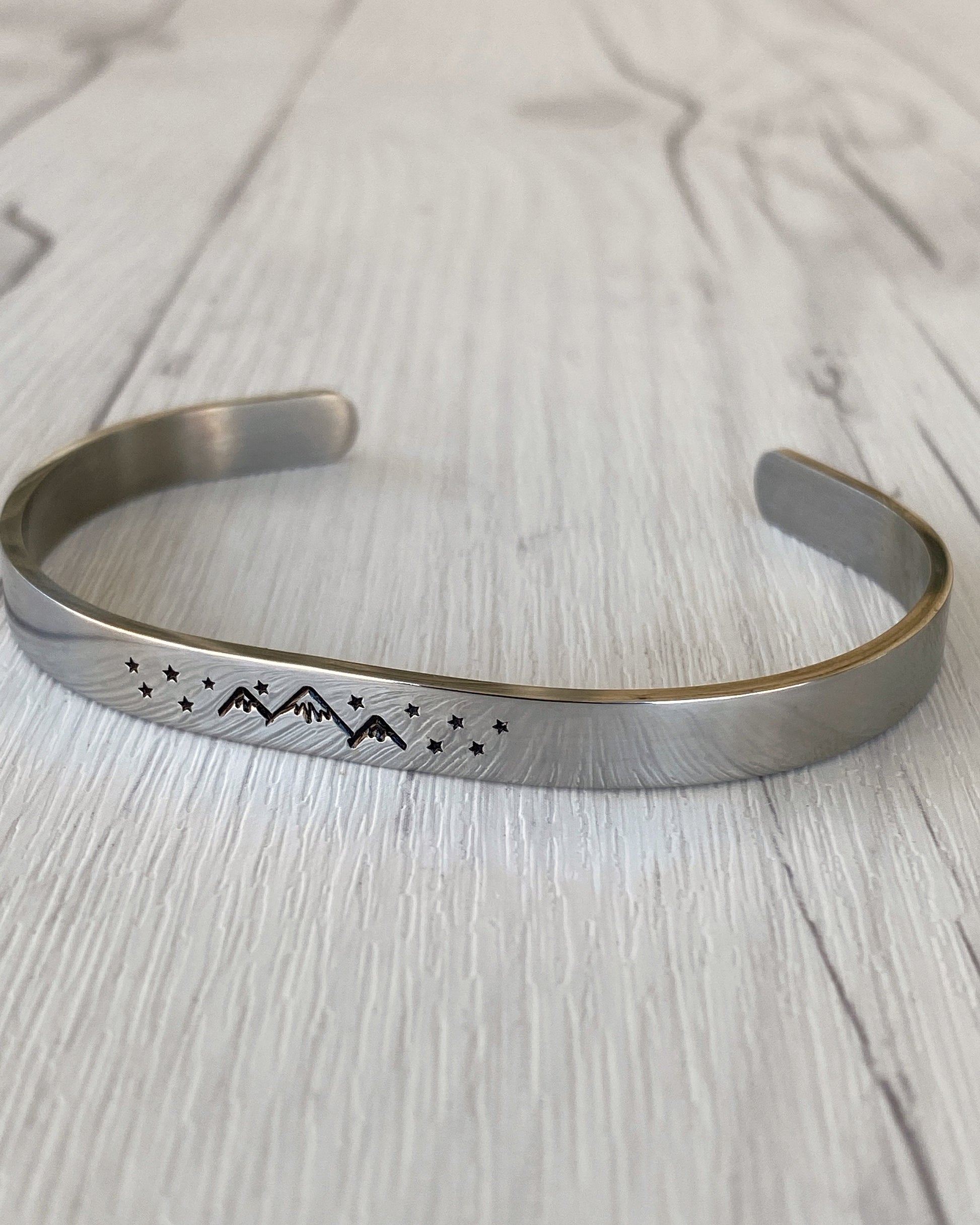 Mountains & Stars Stainless Steel Cuff Bracelet - Mountain Night Bracelet - Mountain Silver Bracelet - 3 Peaks Bracelet - Hiker Camper Gift