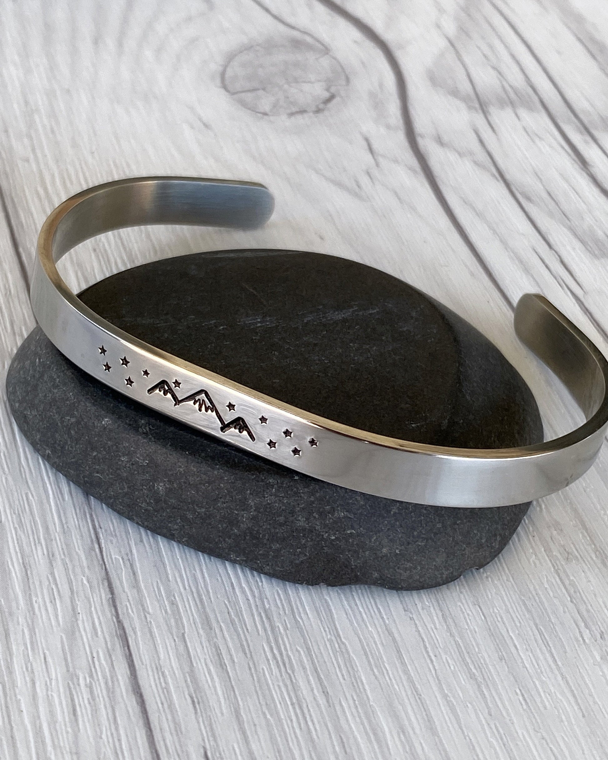Mountains & Stars Stainless Steel Cuff Bracelet - Mountain Night Bracelet - Mountain Silver Bracelet - 3 Peaks Bracelet - Hiker Camper Gift