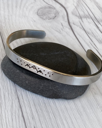 Mountains & Stars Stainless Steel Cuff Bracelet - Mountain Night Bracelet - Mountain Silver Bracelet - 3 Peaks Bracelet - Hiker Camper Gift