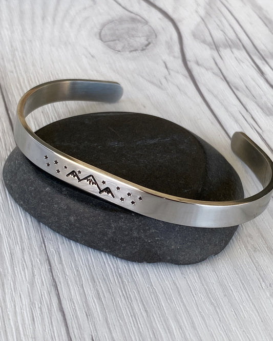 Mountains & Stars Stainless Steel Cuff Bracelet - Mountain Night Bracelet - Mountain Silver Bracelet - 3 Peaks Bracelet - Hiker Camper Gift