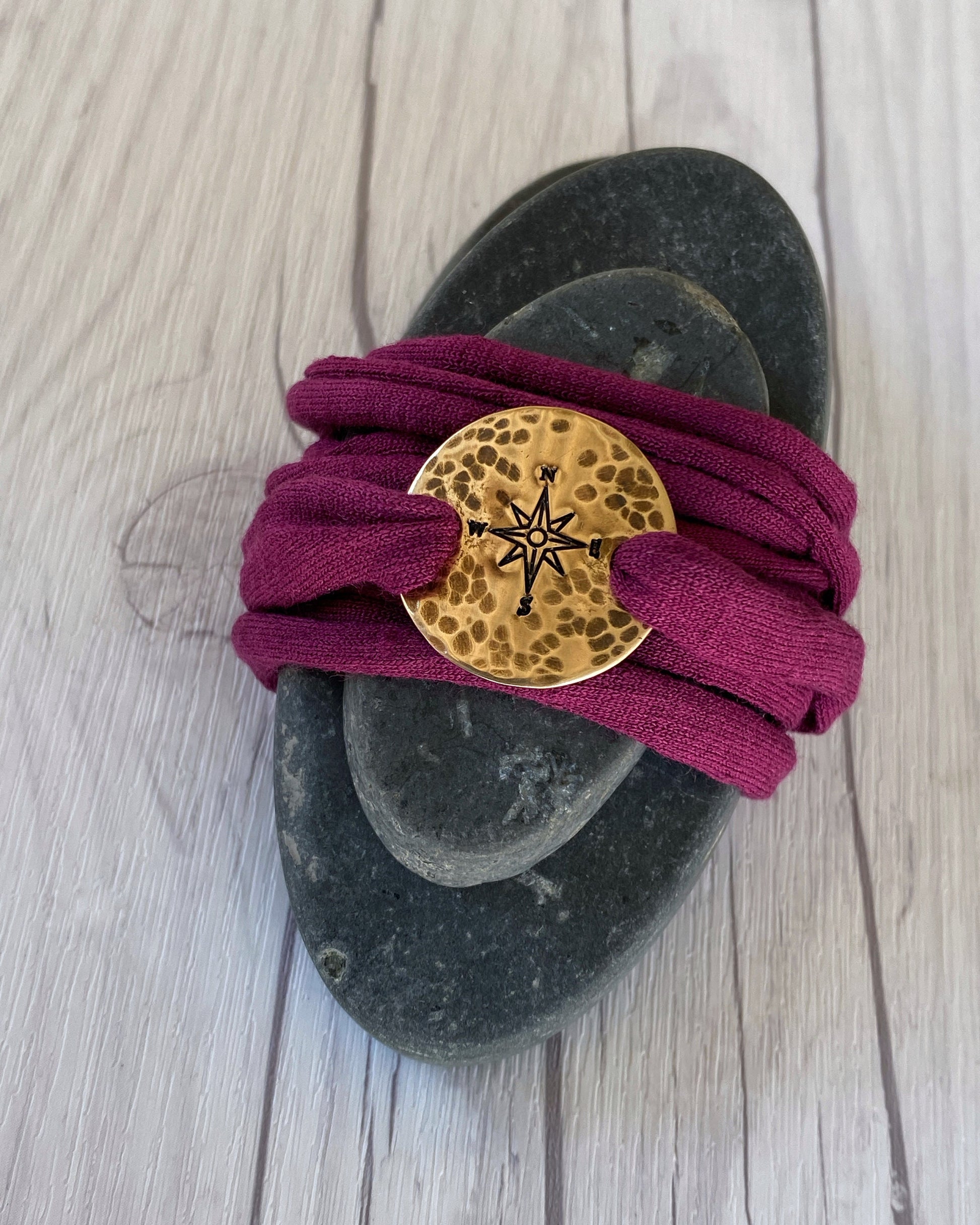 Bronze Compass Rose Maroon Wrap Bracelet - Rustic Compass Travel Bracelet - T Shirt Bracelet - Tattoo Cover - Cuff Bracelet - Wrap Bracelet