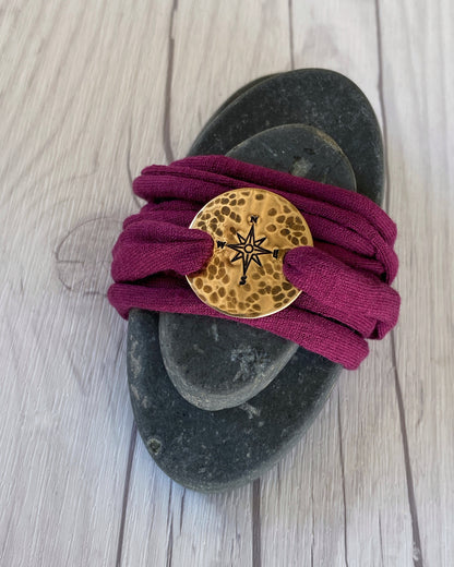 Bronze Compass Rose Maroon Wrap Bracelet - Rustic Compass Travel Bracelet - T Shirt Bracelet - Tattoo Cover - Cuff Bracelet - Wrap Bracelet