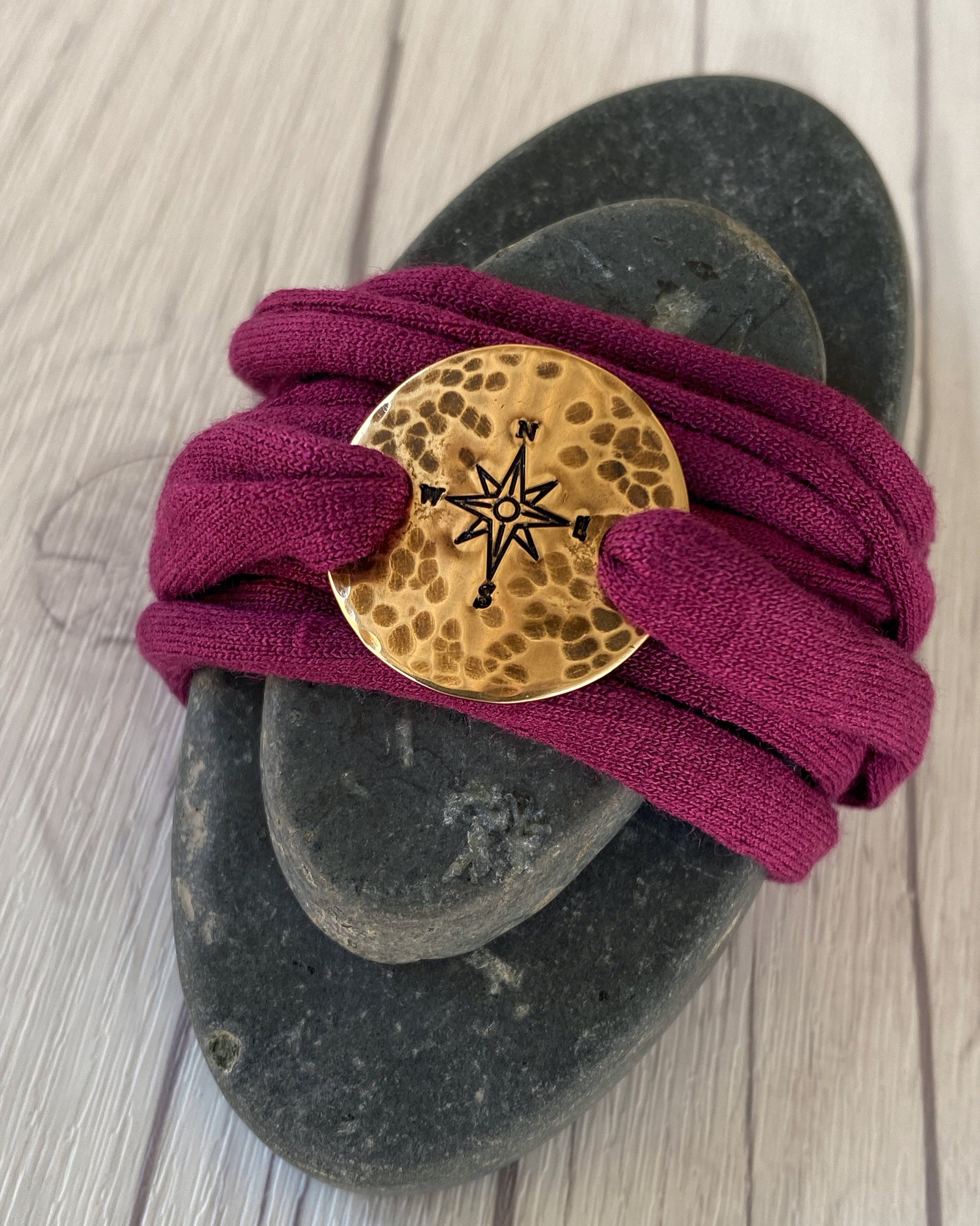 Bronze Compass Rose Maroon Wrap Bracelet - Rustic Compass Travel Bracelet - T Shirt Bracelet - Tattoo Cover - Cuff Bracelet - Wrap Bracelet