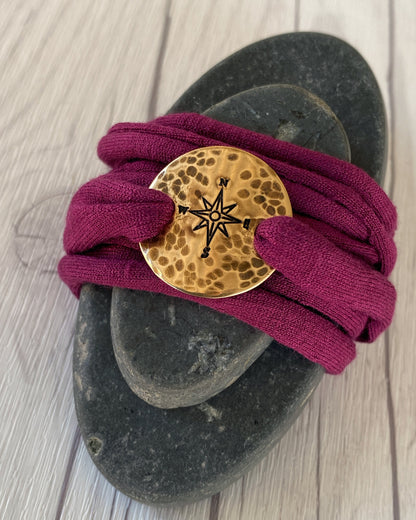 Bronze Compass Rose Maroon Wrap Bracelet - Rustic Compass Travel Bracelet - T Shirt Bracelet - Tattoo Cover - Cuff Bracelet - Wrap Bracelet