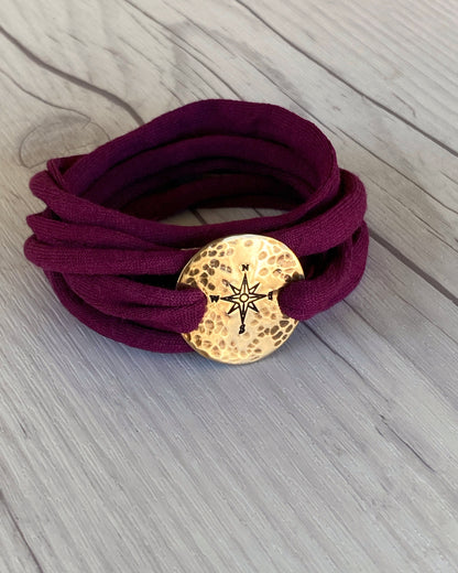Bronze Compass Rose Maroon Wrap Bracelet - Rustic Compass Travel Bracelet - T Shirt Bracelet - Tattoo Cover - Cuff Bracelet - Wrap Bracelet