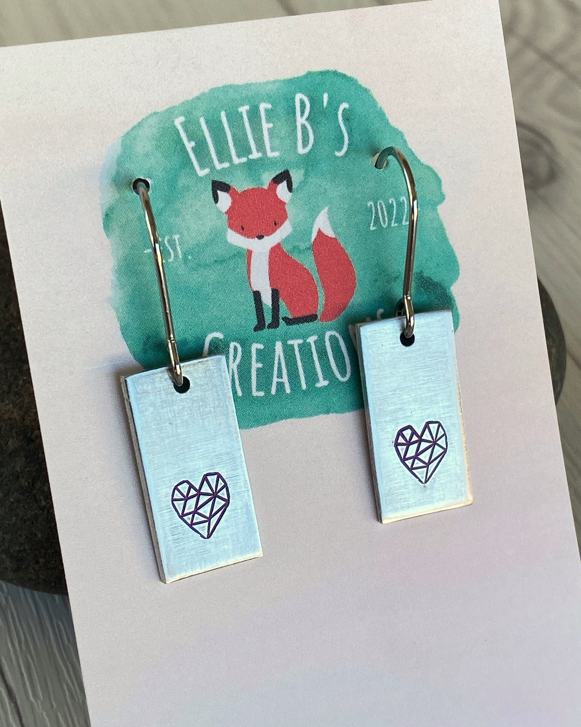 Ellie B's Creations - Purple & Silver Rectangle Heart Earrings - Hand Stamped Heart Earrings -  Geometric Heart Earrings - Heart Jewelry