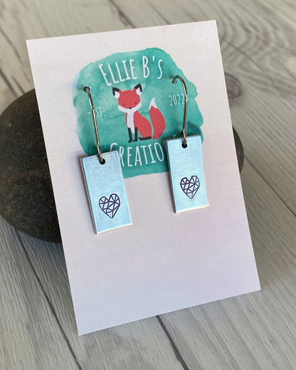 Ellie B's Creations - Purple & Silver Rectangle Heart Earrings - Hand Stamped Heart Earrings -  Geometric Heart Earrings - Heart Jewelry