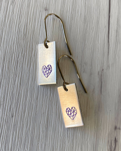 Ellie B's Creations - Purple & Silver Rectangle Heart Earrings - Hand Stamped Heart Earrings -  Geometric Heart Earrings - Heart Jewelry