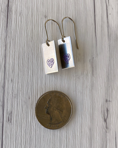 Ellie B's Creations - Purple & Silver Rectangle Heart Earrings - Hand Stamped Heart Earrings -  Geometric Heart Earrings - Heart Jewelry