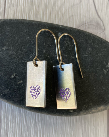 Ellie B's Creations - Purple & Silver Rectangle Heart Earrings - Hand Stamped Heart Earrings -  Geometric Heart Earrings - Heart Jewelry