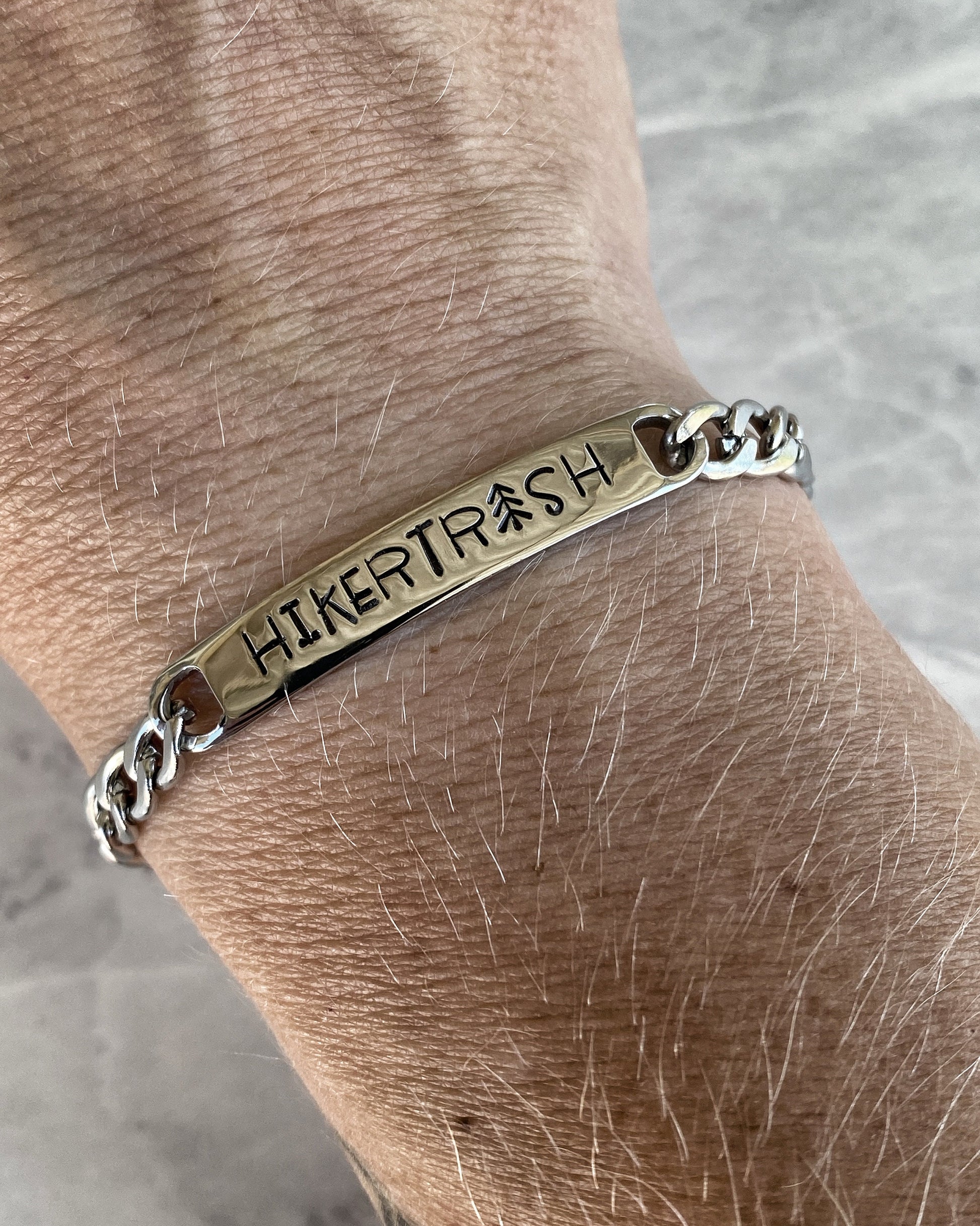 Hiker Trash Stainless Steel ID Bracelet - Stainless Steel Hiker Bracelet - Hiker Jewelry - Backpacker Jewelry - Backpacker Bracelet