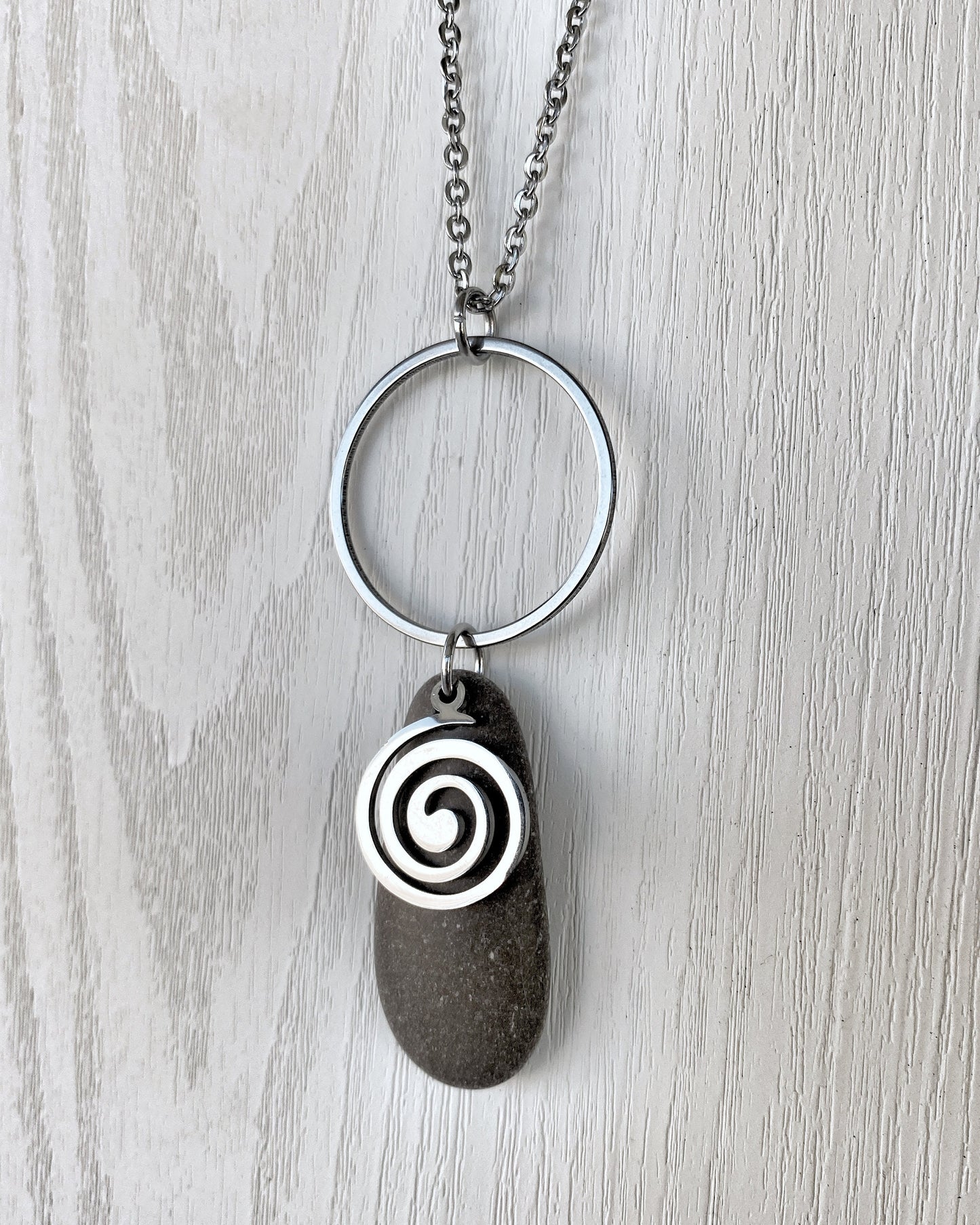 Minimalist Stone & Spiral Necklace - Minimalist Silver Pendant - Beach Pebble Necklace - Beach Stone Necklace - Statement Necklace