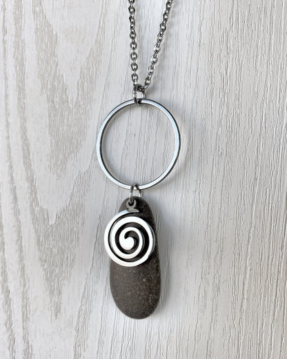 Minimalist Stone & Spiral Necklace - Minimalist Silver Pendant - Beach Pebble Necklace - Beach Stone Necklace - Statement Necklace