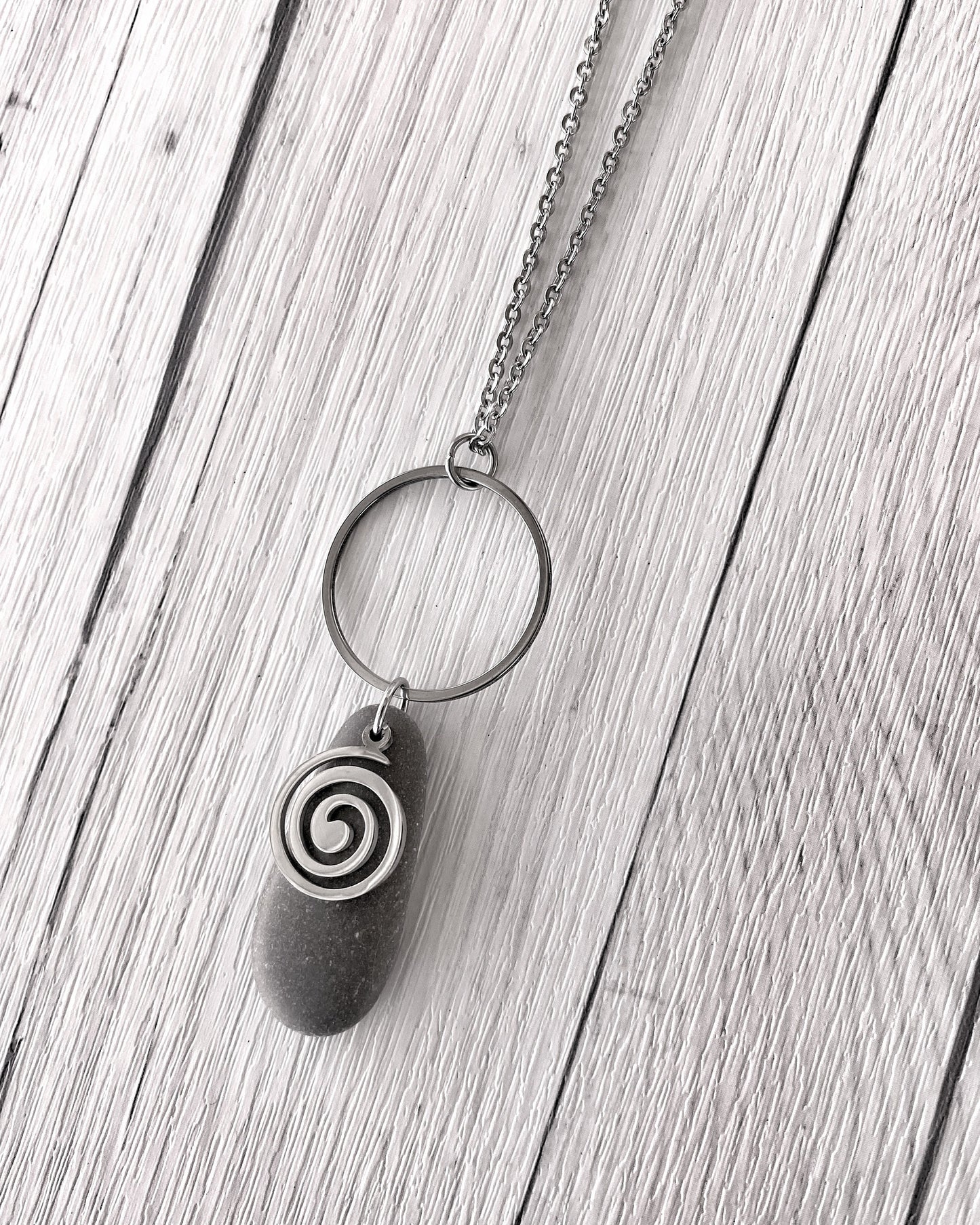 Minimalist Stone & Spiral Necklace - Minimalist Silver Pendant - Beach Pebble Necklace - Beach Stone Necklace - Statement Necklace