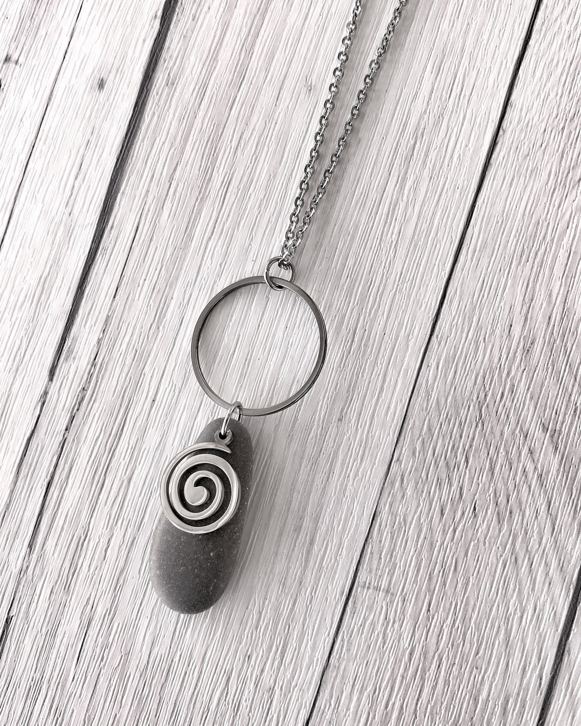 Minimalist Stone & Spiral Necklace - Minimalist Silver Pendant - Beach Pebble Necklace - Beach Stone Necklace - Statement Necklace