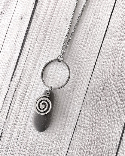Minimalist Stone & Spiral Necklace - Minimalist Silver Pendant - Beach Pebble Necklace - Beach Stone Necklace - Statement Necklace