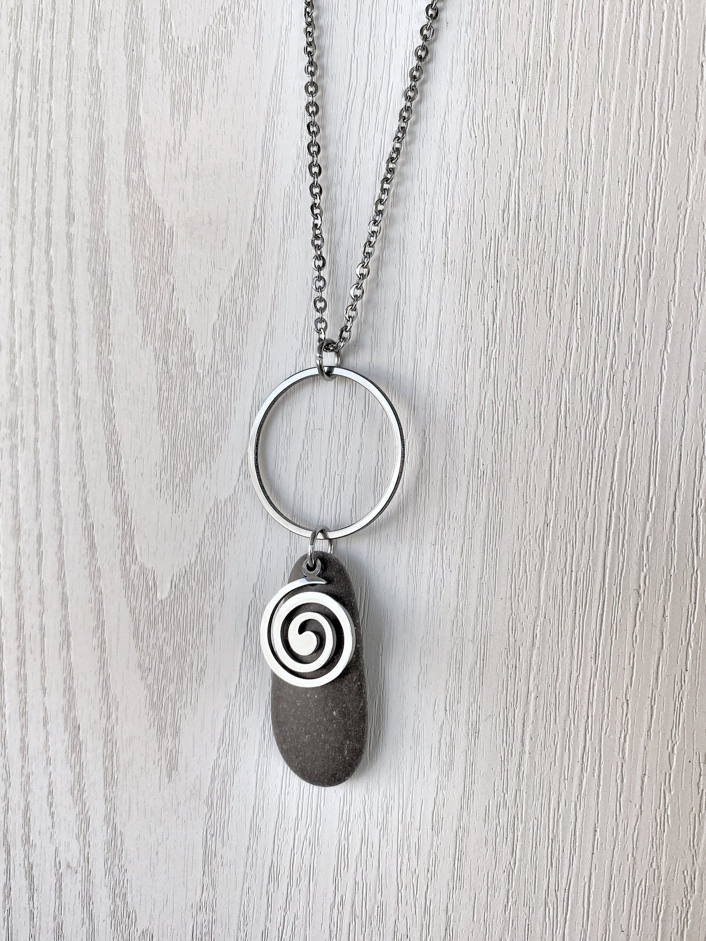 Minimalist Stone & Spiral Necklace - Minimalist Silver Pendant - Beach Pebble Necklace - Beach Stone Necklace - Statement Necklace
