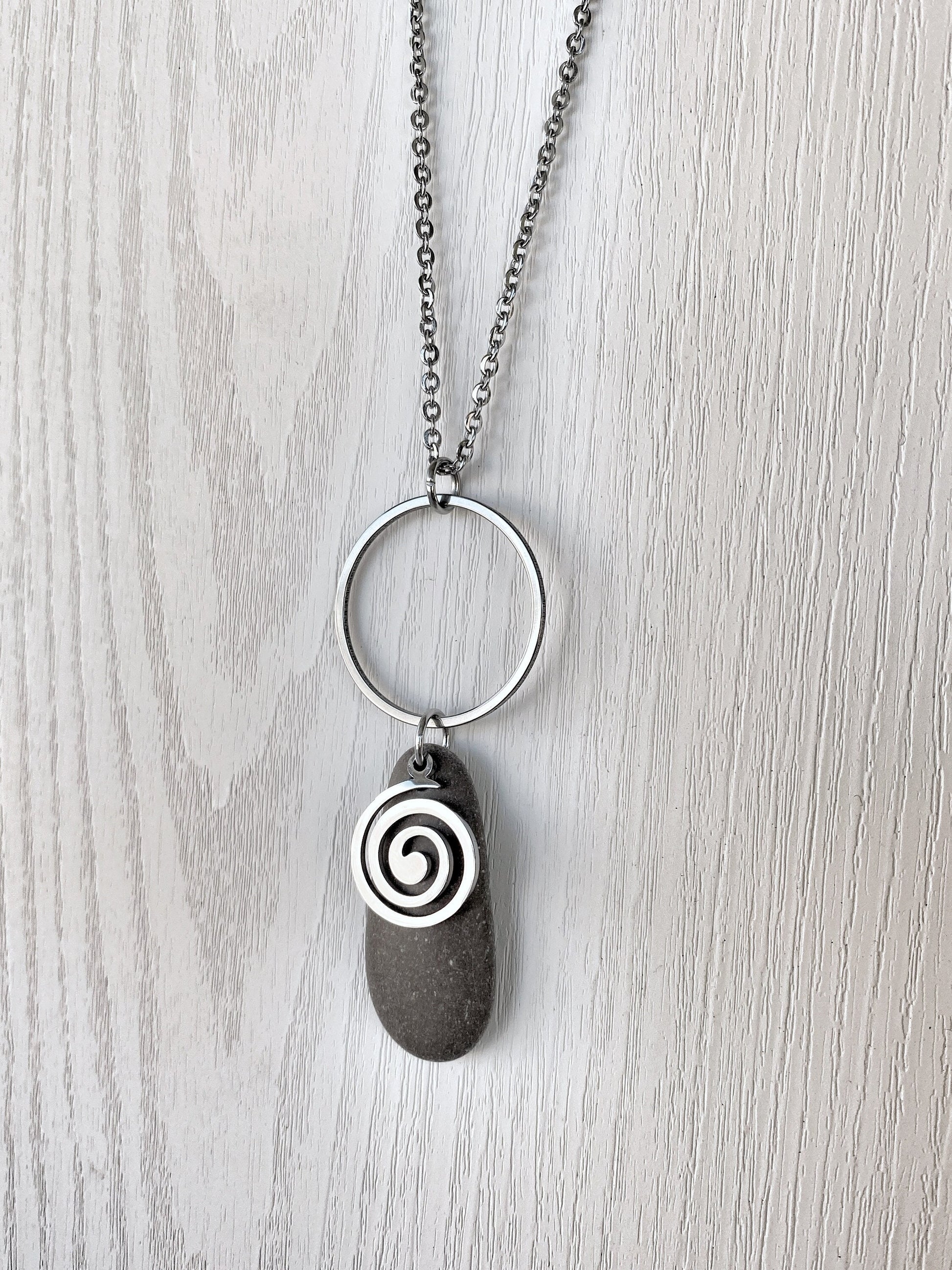 Minimalist Stone & Spiral Necklace - Minimalist Silver Pendant - Beach Pebble Necklace - Beach Stone Necklace - Statement Necklace
