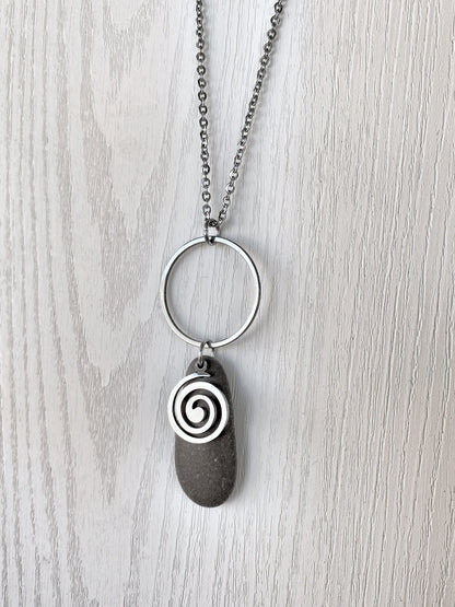 Minimalist Stone & Spiral Necklace - Minimalist Silver Pendant - Beach Pebble Necklace - Beach Stone Necklace - Statement Necklace