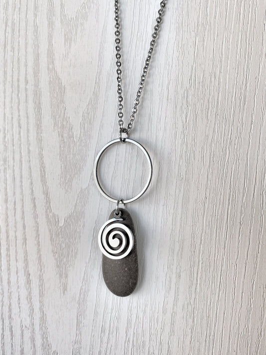 Minimalist Stone & Spiral Necklace - Minimalist Silver Pendant - Beach Pebble Necklace - Beach Stone Necklace - Statement Necklace