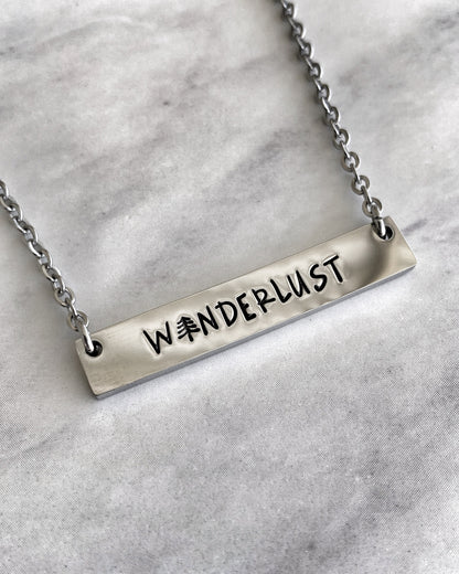 Wanderlust Bar Necklace - Minimalist Adventure Necklace - Stainless Steel Stamped Travel Necklace - Wanderlust Jewelry